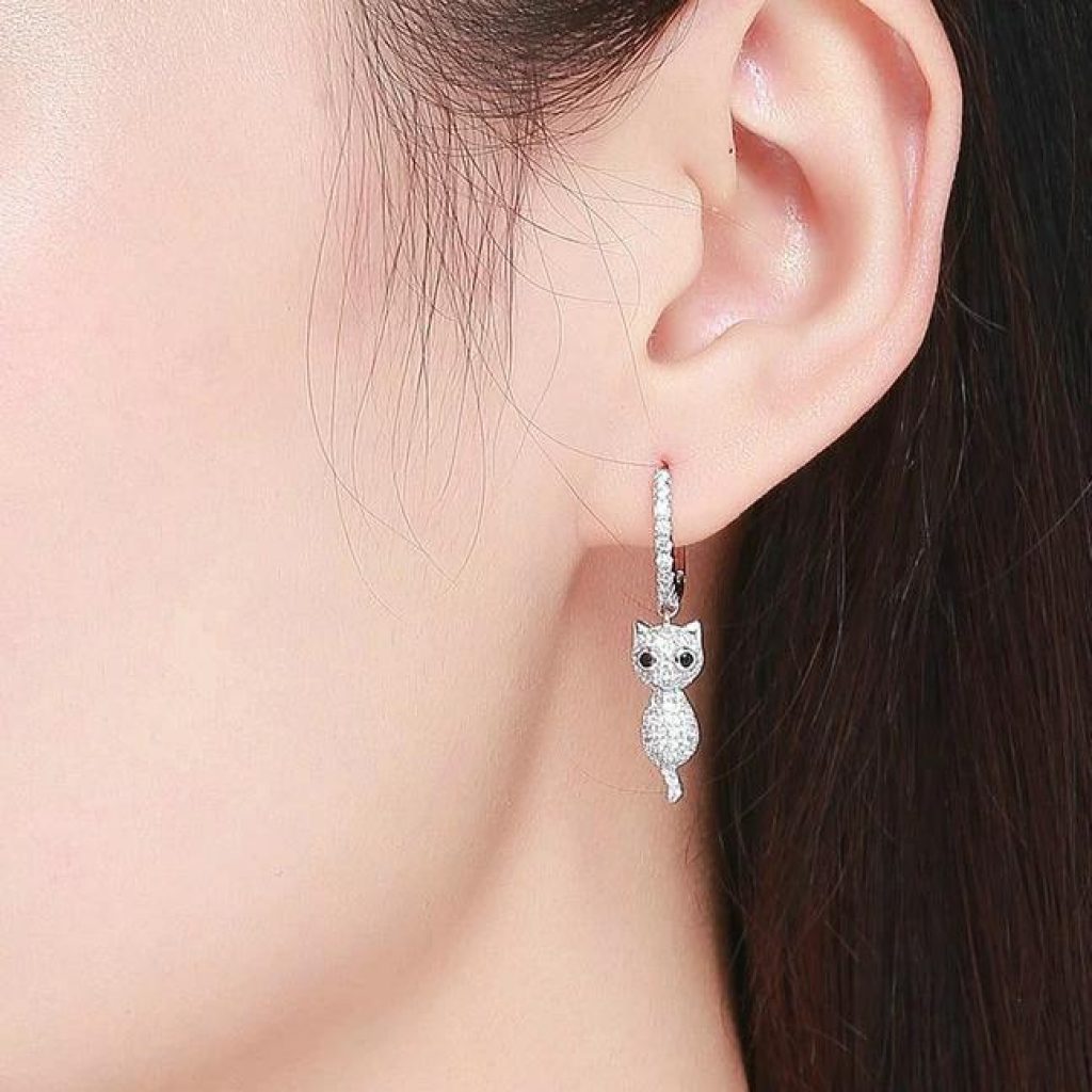 Boucles D'Oreilles Créoles En Argent Sterling 925 - Motif Chat Mignon - Cadeau Pour Femme, Fille - Sans Gemme